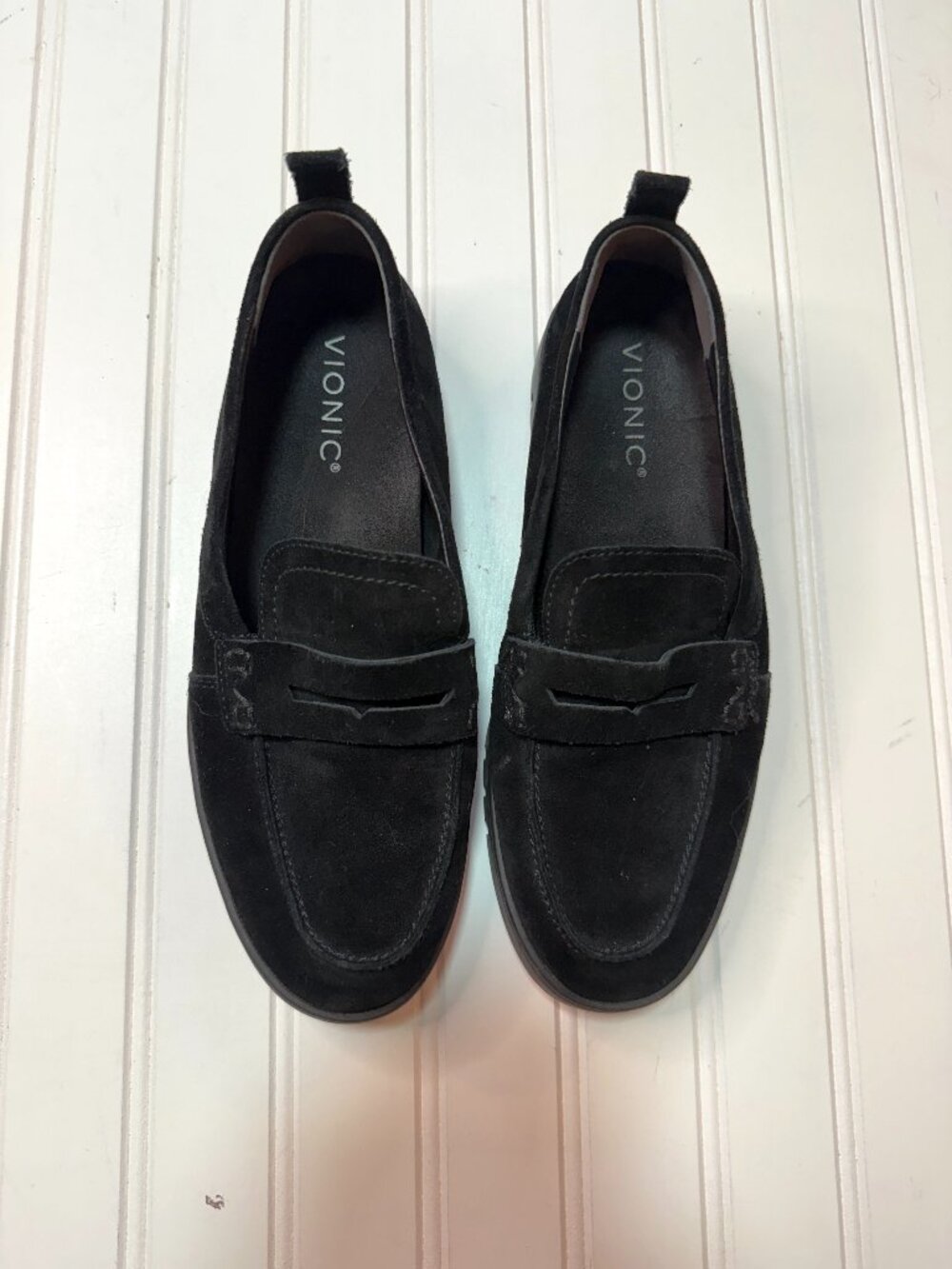 Vionic Uptown Black Suede Penny Loafers Size 8.5 Orthotic Comfort Flats